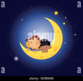 Illustration of a moon with two kids Stock Vector