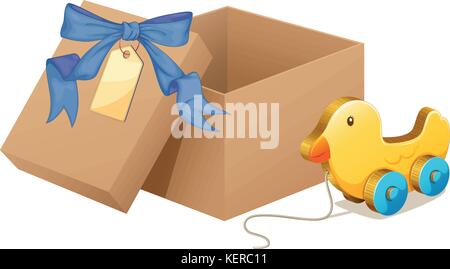 Illustration of a wooden duck beside a brown box on a white background Stock Vector