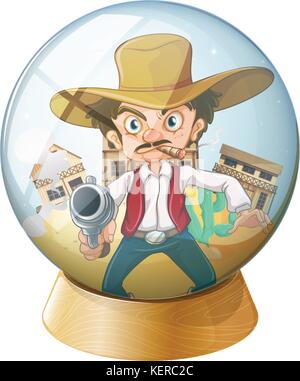 Illustration of a cowboy holding a gun inside the crystal ball on a white background Stock Vector