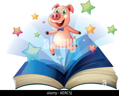Illustration of an open book with a pig jumping happily on a white background Stock Vector