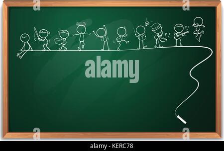 Illustration of a blackboard with a drawing of people engaging in different activities on a white background Stock Vector