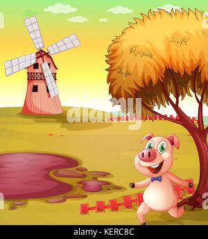Illustration of a pig running at the piggery Stock Vector