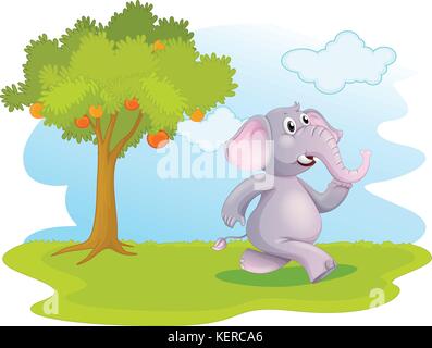 Illustration of an elephant running near the orange tree on a white background Stock Vector
