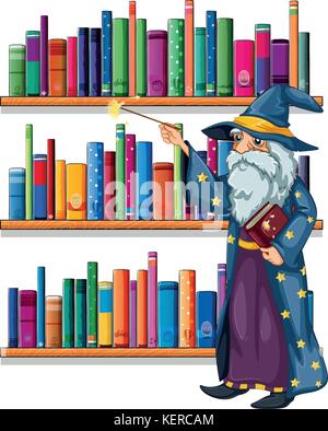 Illustration of a wizard holding a wand in front of the shelves with books on a white background Stock Vector