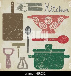 Vintage poster with cooking related objects. Stock Vector