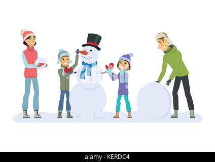Happy family builds a snowman - cartoon people characters illustration Stock Vector