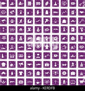 100 charity icons set grunge purple Stock Vector