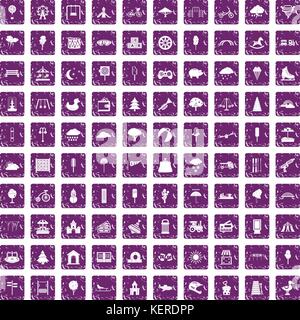 100 childrens park icons set grunge purple Stock Vector