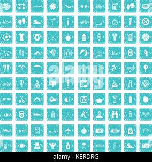 100 active life icons set grunge blue Stock Vector