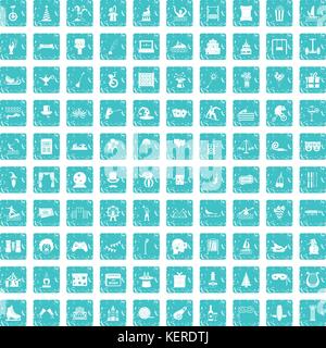 100 amusement icons set grunge blue Stock Vector
