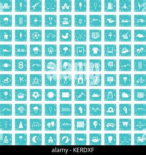 100 childrens playground icons set grunge blue Stock Vector