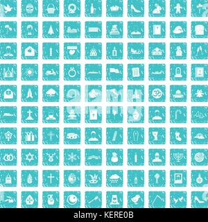 100 church icons set grunge blue Stock Vector
