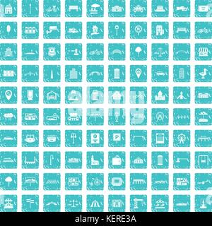 100 city icons set grunge blue Stock Vector