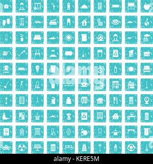 100 cleaning icons set grunge blue Stock Vector