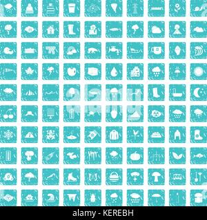 100 clouds icons set grunge blue Stock Vector