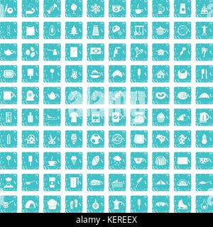 100 coffee icons set grunge blue Stock Vector