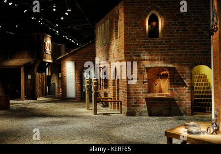 Middle Ages. Example of a typical bourgeois brick house in the city center. At the botton were the shops. Medieval Museum. Stockholm. Sweden. Stock Photo