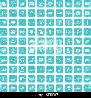 100 computer icons set grunge blue Stock Vector
