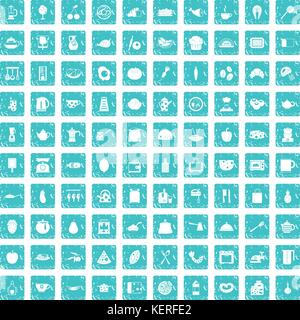 100 cooking icons set grunge blue Stock Vector