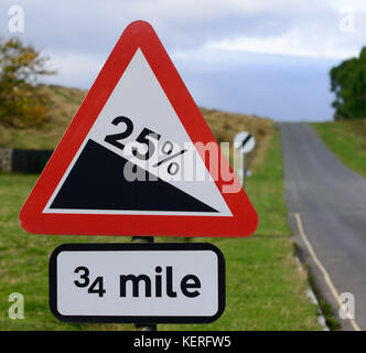 Road sign warning motorists approaching a 25% gradient. Stock Photo