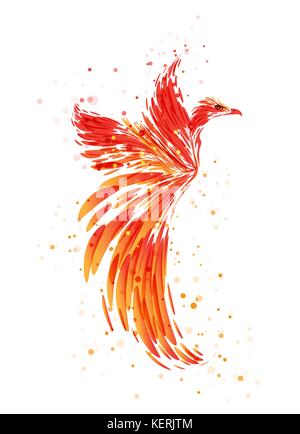 Flaming Phoenix on white background, burning mythical bird Stock Vector