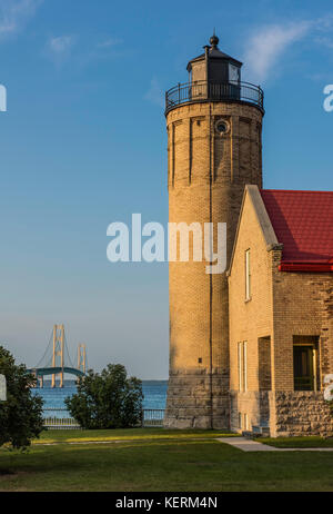 Old Mackinac Point Lighthouse, Mackinac Bridge, Michigan USA by Bruce Montagne/Dembinsky Photo Associates Stock Photo