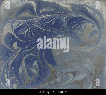 Liquid gold marbled pattern. Pale blue background. Stock Photo
