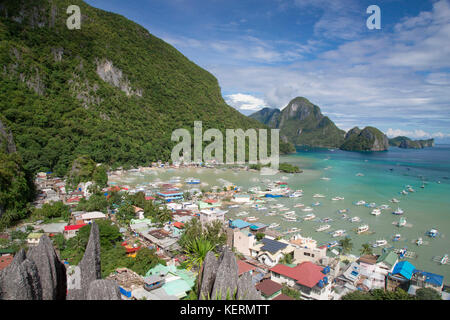 Aerial view of El Nido and the islands of Bacuit Bay, Palawan Island, Philippines Stock Photo