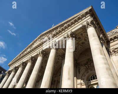 LONDON, UK - AUGUST 25, 2017:  Wide angle shot of the front facade of the Royal Exchange building Stock Photo