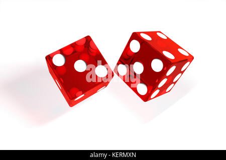 3d illustration: quality rendering image of transparent scarlet rolling dices with dots. The cubes in the cast. throws. On white background isolated. Stock Photo