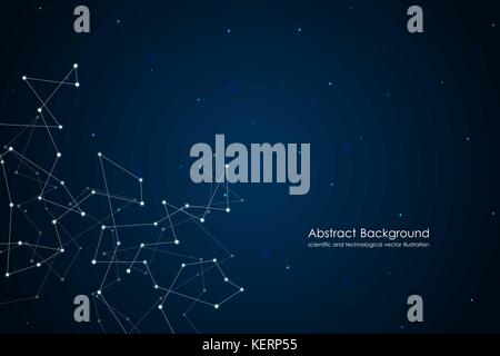 Abstract futuristic background with dots and lines, molecular particles and atoms, polygonal linear digital texture, technological and scientific concept, vector illustration Stock Vector