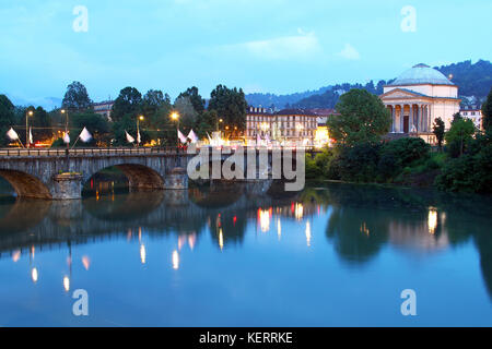 Vittorio Emanuele I bridge over Po river and the church of Gran Madre di Dio, Turin, Italy Stock Photo