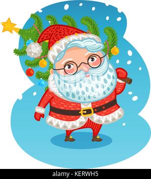 Happy Santa Claus carries Christmas tree. Xmas vector illustration Stock Vector