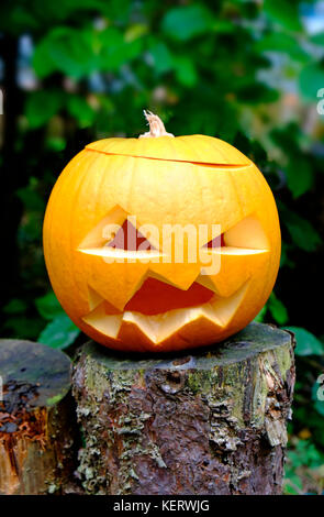 scary orange halloween pumpkin with angry looking face Stock Photo