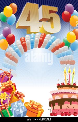 Background with design elements and the birthday cake. The poster or invitation for forty-fifth birthday or anniversary. Stock Vector