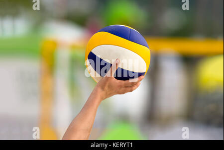 Volleyball is a volleyball player holding up a volleyball getting ready to serve. Stock Photo