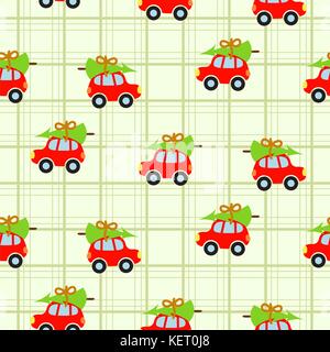 Winter tree on car roof green checkered seamless vector pattern. Stock Vector