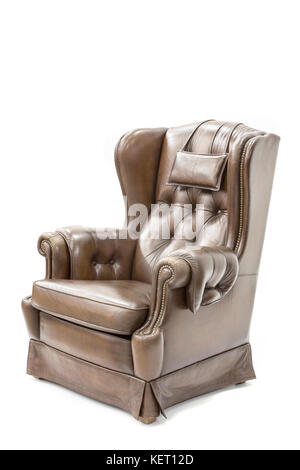 elegant brown leather club chair on the white background. Stock Photo