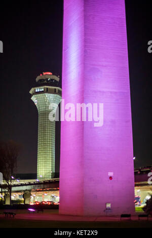 Chicago, Illinois - Two of O'Hare International Airport's control towers at night. Stock Photo