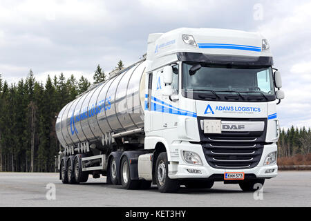 HIRVASKANGAS, FINLAND - MAY 20, 2017: White DAF XF 460 semi tanker of Adams Logistics parked on a truck stop yard in Central Finland. Stock Photo