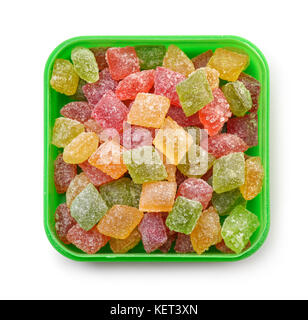 Top view of colorful sugar candies box isolated on white Stock Photo