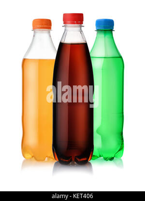 Three plastic bottles of soft drink isolated on white Stock Photo