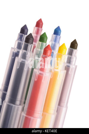 Close up colorful markers on white background Stock Photo
