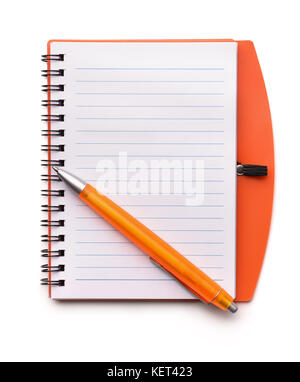 Top view of open blank notebook and pen isolated on white Stock Photo