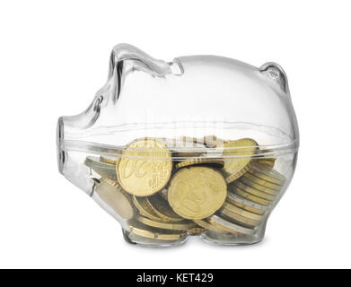 Side view of transparent piggy bank with euro coins isolated on white Stock Photo