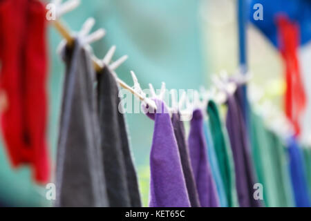 blurry and soft focus of Clothes towel hanging on the clothesline. Stock Photo