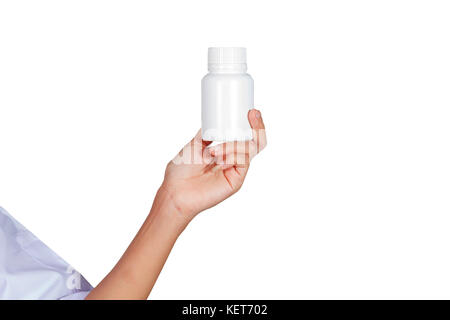 hand of doctor holding Many pills and tablets and medicine isolated on white background Stock Photo
