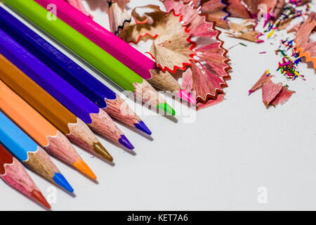 Different color pencils on a white background Stock Photo