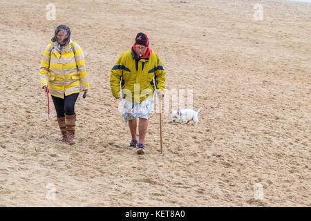 Dog walkers - a couple walking their dog on Fistral Beach Newquay. Stock Photo