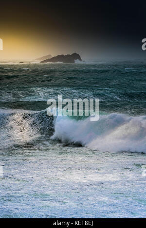 UK Weather Storm Ophelia - wild stormy sea conditions as Storm Ophelia hits the coast at Newquay Cornwell.